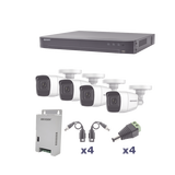 KIT TurboHD 1080p / DVR 4 Canales / 4 Cámaras Bala Policarbonato con Audio Integrado (exterior 2.8 mm) / Transceptores / Conectores / Fuente de Poder Profesional