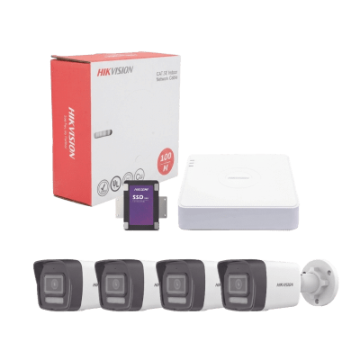 KIT4MP4B1TB-1 Kit IP 4 Megapixel / NVR de 4 Canales con 4 Puertos PoE / 4 Cámaras IP Bala Dual Light (IR + Luz Blanca) con Microfono Integrado y ACUSENSE Lite para Exterior/ Bobina de Cable de 100 mts / SSD de 1 TB — IP megapixel en Morelia | SolutionSiteMX