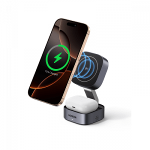 cargador inalámbrico 2 en 1 25w / tecnología magnética qi 2 / 15w para teléfono + 5w para auriculares / puerto usb c 5w / protecciones múltiples / cable usb c incluido
