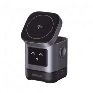 Cargador Inalámbrico Robot 2 en 1 UGREEN Qi2 / 15W Ultra Rápido para iPhone / 5W para AirPods / Pantalla Inteligente con Expresiones / Imanes N48H / Puerto USB-C 5W para Apple Watch / Compatibilidad MPP