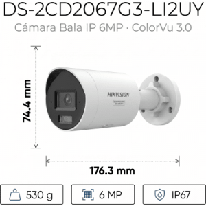 [dual light + colorvu 3.0 + hikai] bala ip 6 megapixel / lente 2.8 mm / 40 mts ir + 40 mts luz blanca / 2 microfonos integrados / exterior ip67 / wdr 130 db / acusense 3.0 / metal / nema 4x / acuseek / anticorrosión (nema 4x)