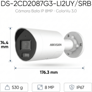[dual light + colorvu 3.0 + hikai] bala ip 8 megapixel / lente 2.8 mm / 40 mts ir + luz blanca / 2 microfonos integrados / exterior ip67 / estrobo azul y rojo / wdr 130 db / acusense 3.0 / metal / nema 4x / acuseek