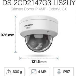[dual light + colorvu 3.0 + hikai] domo ip 4 megapixel / lente 2.8 mm / 30 mts ir + luz blanca / 2 microfonos integrados / exterior ip67 / wdr 130 db / acusense 3.0 / metal / nema 4x / acuseek
