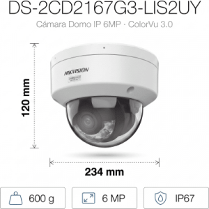 [dual light + colorvu 3.0 + hikai] domo ip 6 megapixel / lente 2.8 mm / 30 mts ir + luz blanca / 2 microfonos integrados / exterior ip67 / wdr 130 db / acusense 3.0 / metal / nema 4x / acuseek
