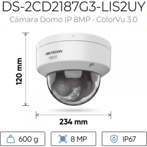 [dual light + colorvu 3.0 + hikai] domo ip 8 megapixel / lente 2.8 mm / 30 mts ir + luz blanca / 2 microfonos integrados / exterior ip67 / wdr 130 db / acusense 3.0 / metal / nema 4x / acuseek