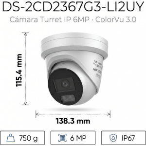 [dual light + colorvu 3.0 + hikai] turret ip 6 megapixel / lente 2.8 mm / 30 mts ir + luz blanca / 2 microfonos integrados / exterior ip67 / wdr 130 db / acusense 3.0 / metal / nema 4x / acuseek