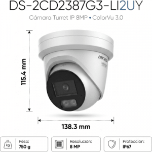 [dual light + colorvu 3.0 + hikai] turret ip 8 megapixel / lente 2.8 mm / 30 mts ir + luz blanca / 2 microfonos integrados / exterior ip67 / wdr 130 db / acusense 3.0 / metal / nema 4x / acuseek