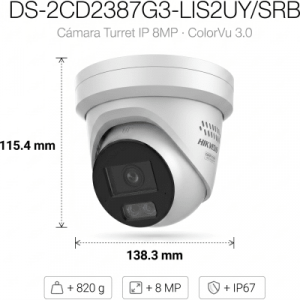 [dual light + colorvu 3.0 + hikai] turret ip 8 megapixel / lente 2.8 mm / 30 mts ir + luz blanca / 2 microfonos integrados / exterior ip67 / estrobo azul y rojo / wdr 130 db / acusense 3.0 / metal / nema 4x / acuseek
