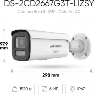 [dual light + colorvu 3.0 + hikai] bala ip 6 megapixel / lente mot. 2.8 a 12 mm / 60 mts ir + luz blanca / exterior ip67 / wdr 130 db / acusense 3.0 / metal / nema 4x / acuseek