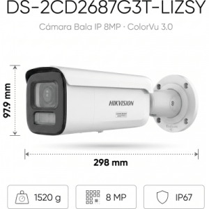 [dual light + colorvu 3.0 + hikai] bala ip 8 megapixel / lente mot. 2.8 a 12 mm / 60 mts ir + luz blanca / exterior ip67 / wdr 130 db / acusense 3.0 / metal / nema 4x / acuseek