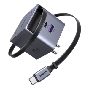 Cargador Rápido / 45W GaN / Cable Retráctil 0.7 m (2.3 ft) / 3 Puertos / Eficiencia 95% / Protección 8 Capas / 100-240V AC