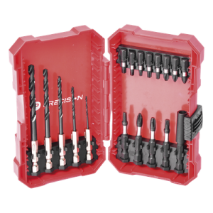 Juego de Puntas y Brocas / 18 Piezas / Entrada Hexagonal 1/4″ / PH, Torx, Cuadradas / Brocas 2-6 mm / Estuche Organizador