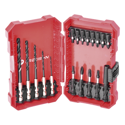 Juego de Puntas y Brocas / 18 Piezas / Entrada Hexagonal 1/4″ / PH, Torx, Cuadradas / Brocas 2-6 mm / Estuche Organizador Juego de Puntas y Brocas / 18 Piezas / Entrada Hexagonal 1/4″ / PH, Torx, Cuadradas / Brocas 2-6 mm / Estuche Organizador