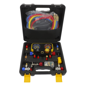 Manómetro de 4 Vías / Compatible con R410A, R32, R134A, R22 / 4 Mangueras 1.5 m / Cuerpo Cobre y ABS / Estuche Incluido Manómetro de 4 Vías / Compatible con R410A, R32, R134A, R22 / 4 Mangueras 1.5 m / Cuerpo Cobre y ABS / Estuche Incluido