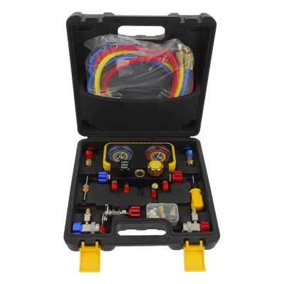 Manómetro de 4 Vías / Compatible con R410A, R32, R134A, R22 / 4 Mangueras 1.5 m / Cuerpo Cobre y ABS / Estuche Incluido Manómetro de 4 Vías / Compatible con R410A, R32, R134A, R22 / 4 Mangueras 1.5 m / Cuerpo Cobre y ABS / Estuche Incluido