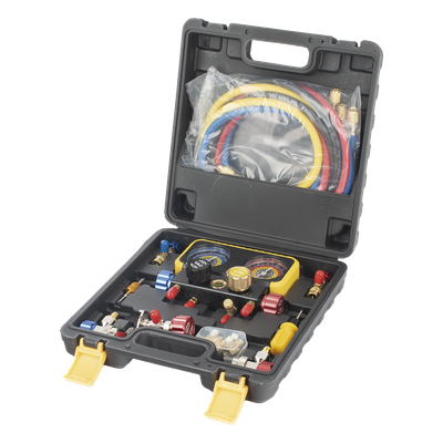 Manómetro de 4 Vías / Compatible con R410A, R32, R134A, R22 / 4 Mangueras 1.5 m / Cuerpo Cobre y ABS / Estuche Incluido - Image 3